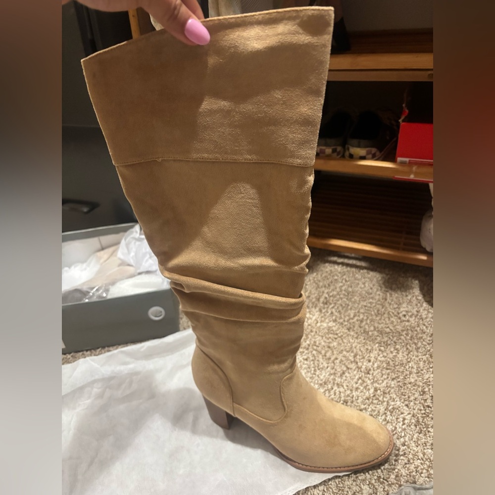 Tan suede at knee boot